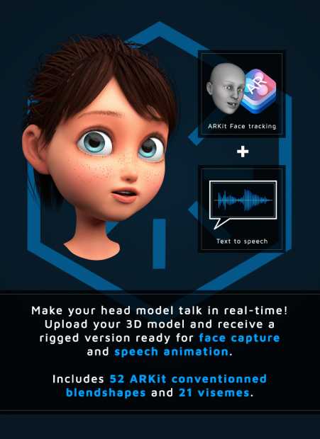 A Polywink Talking Avatar cartoon character with blue eyes with screenshot of text to speech feature.