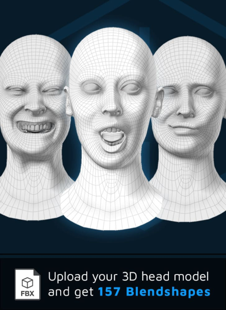 Polywink의 Blendshapes On Demand를 사용하여 만든 3D 머리 모델 세 개와 '3D 머리 모델을 업로드하고 블렌드쉐이프를 받으세요'라는 문구가 있는 그룹