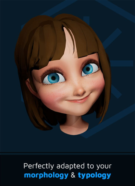 A cartoon character created using Blendshapes On Demand by Polywink with blue eyes and brown hair.