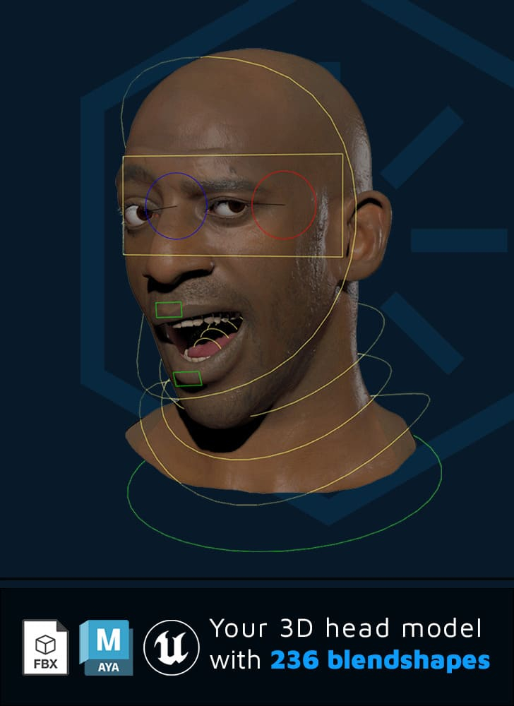 Rendu 3D de la tête et du visage d'un homme qui cligne des yeux grâce à Rig Avancé à la demande de Polywink.