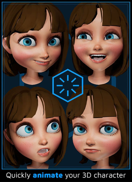 4 expression blendshapes of a cartoon 3D girl model smiling, laughing, surprised and sulking