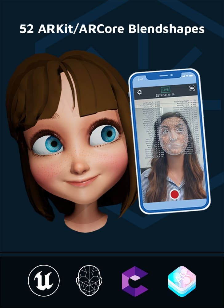 A girl with big blue eyes holding a Motion Capture from iPhone by Polywink