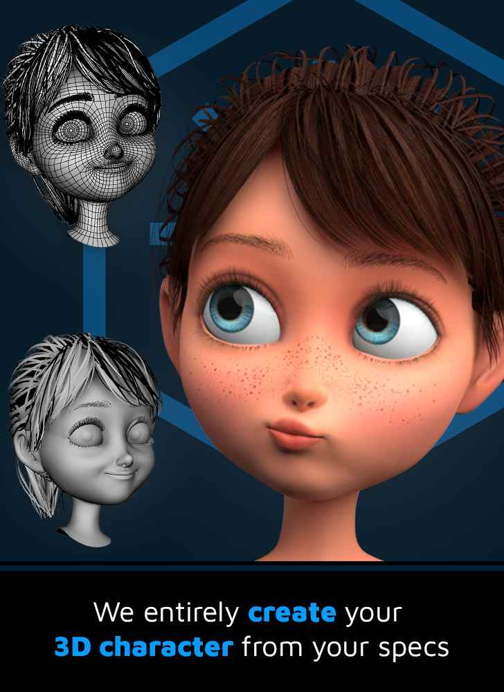 A 3D model of a young girl looking at a wireframe model and a clay model, for a 3D character creation service