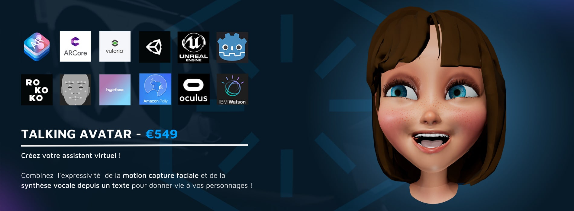 Modèle 3D d'une fille caricaturale riant et faisant la promotion d'un service d'avatars parlants