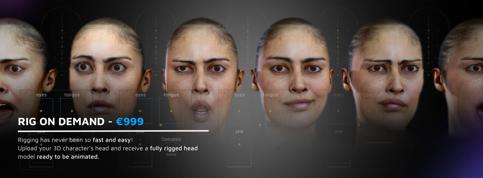 3D model of a girl making different expressions through blendshapes thanks to a 3D rig