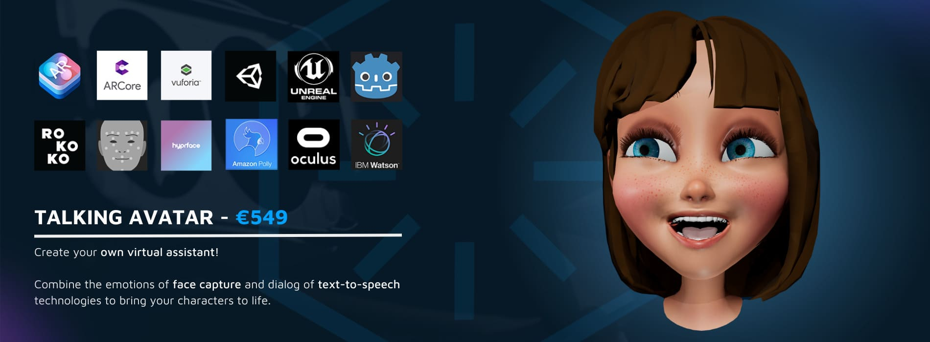 3D model of a cartoonish girl laughing and promoting a talking avatar service