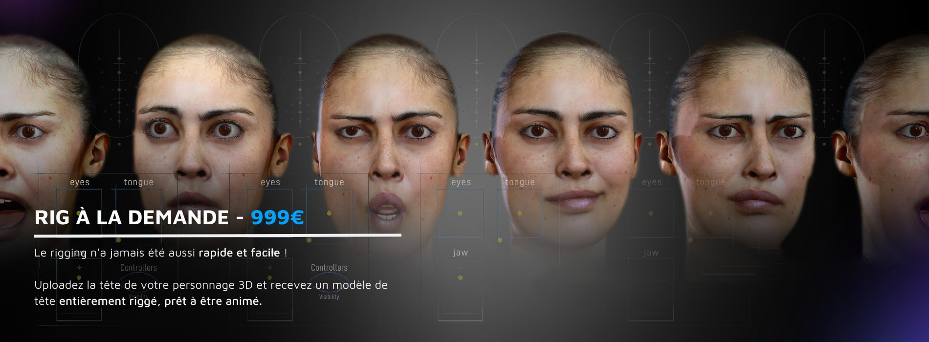 Modèle 3D d'une fille faisant différentes expressions par blendshape grâce à un rig 3D.