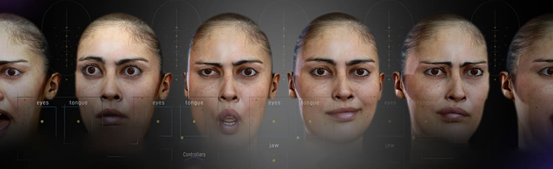 A 3D character with different expressions controlled by a rig 