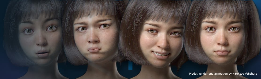 A 3D character with several expressions based on Facial Acting Coding System blendshapes